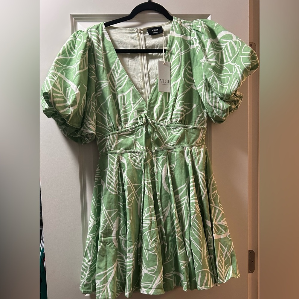 Vici Green Puff Sleeve Fit and Flare Dress